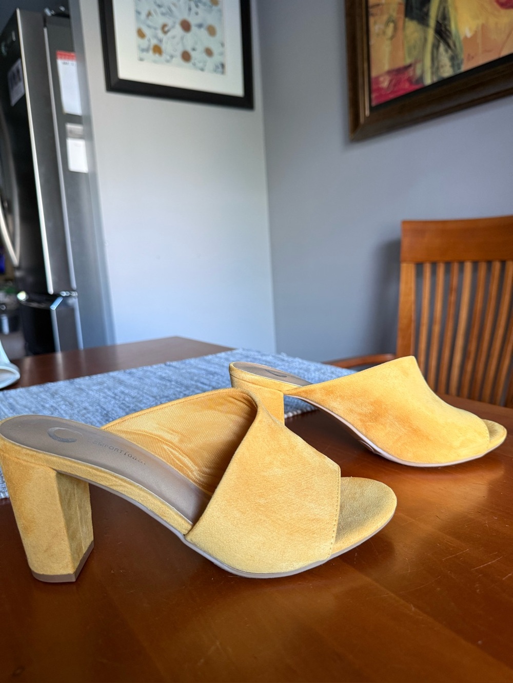 Mustard Yellow Suede Open-Toe Block Heel Mules